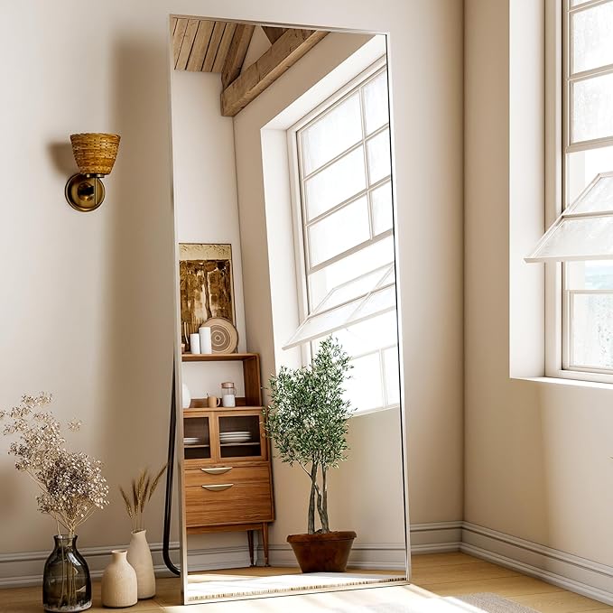 68"x 24" Full Length Mirror with Stand, Large Wall-Mounted or Leaning Floor Mirror with Aluminum Alloy Frame, Rectangular Wall Mirrors for Bedroom, Entryway, and Living Room Decor, Silver