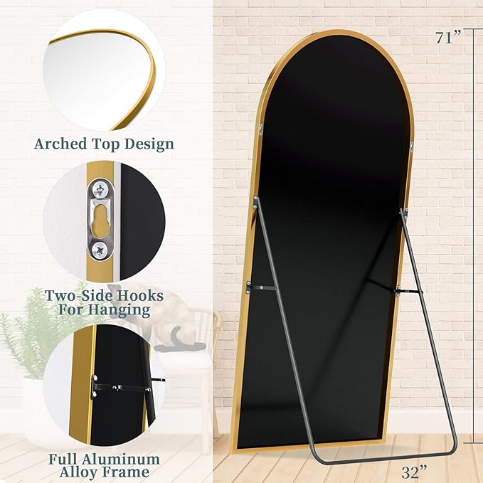 Full Length Mirror with Stand, 71"x32" Arched Full Body Mirror, Large Stand Up Mirrors, Aluminum Frame Floor Standing Mirrors, Freestanding Hanging Leaning Mounted for Bedroom Living Room, Gold