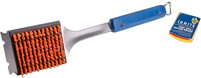 Ignite Stainless Steel Cool Grill Brush – Durable Grill Cleaner with Safe Nylon Bristles – No Wire Bristle Risk – Safe for Porcelain, Ceramic, Steel & Cast Iron Grates