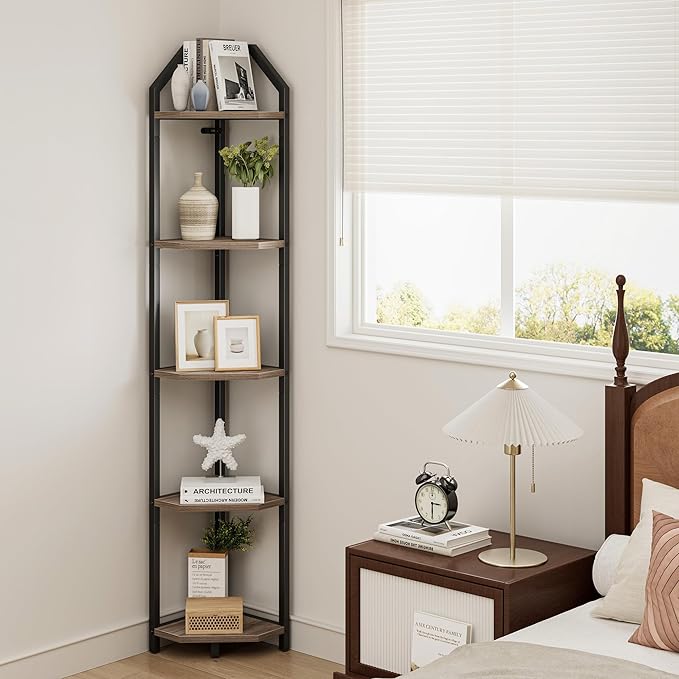 5-Tier Corner Shelf | 70 Inch Tall Bookshelf & Plant Stand, Heavy Duty Storage for Home Office & Living Room - Grey