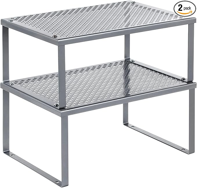 SONGMICS Spice Racks, Set of 2 Metal Cabinet Shelf Organizers, Countertop Organizers, Shelf Risers, Stackable, Expandable, Silver UKCS01SV