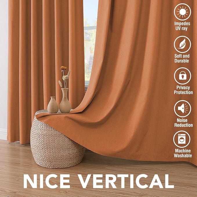 H.VERSAILTEX 100% Blackout Curtains for Bedroom Thermal Insulated Linen Textured Curtains Heat and Full Light Blocking Drapes Living Room Curtains 2 Panel Sets, Orange, 42x63 Inch