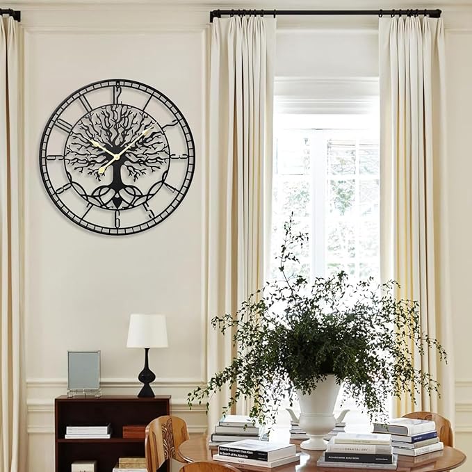 Tree of Life Wall Clock – Elegant 24-Inch Oversized Metal Farmhouse Decor for Living Room, Modern Battery Operated Wall Clock with Silent Operation