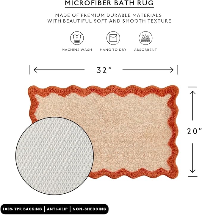 MONDAY MOOSE Bath Mat with Scalloped Wavy Ripple Design, Microfiber Absorbent Non Slip Tufted Rug for Floor, Shower or Kitchen (20x32 inch, Orange)