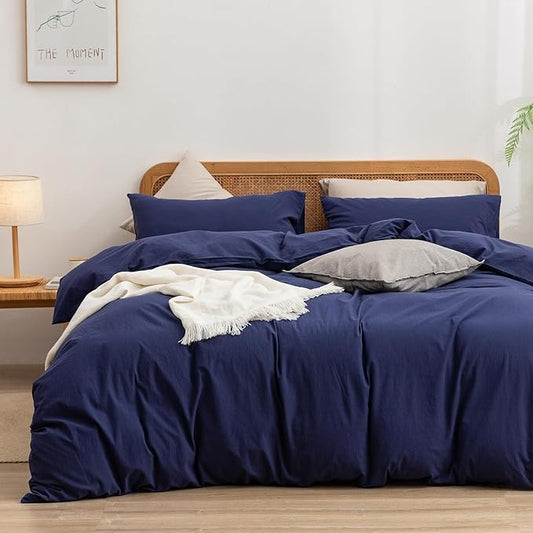 BESTOUCH Duvet Cover Set 100% Washed Cotton Linen Feel Super Soft Comfortable Chic Lightweight 3 PCs Home Bedding Set Solid Navy Blue Oversized Queen