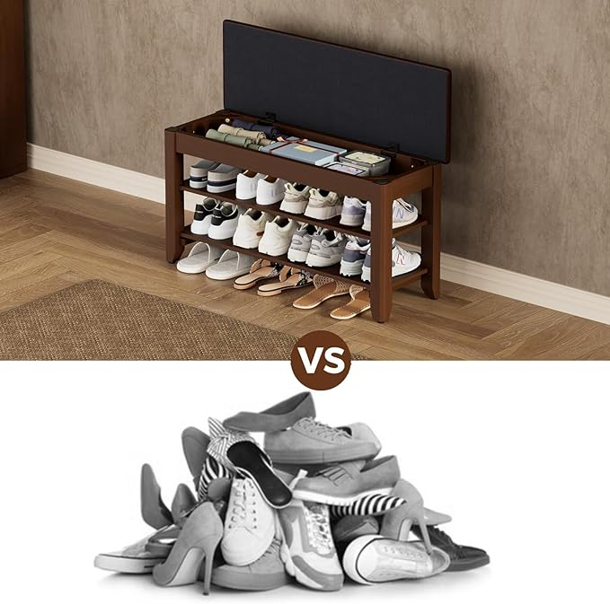 Shoe Rack Bench with Flip-Top Storage, Solid Wood Entryway Bench with Cushion, Adjustable Shelf, for Hallway, Mudroom, Closet – Walnut, 31.5"