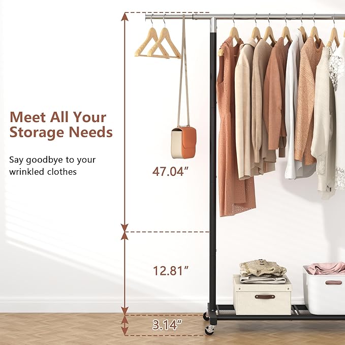 JIUYOTREE Rolling Clothes Rack with Dense Mesh Storage Shelf Clothing Garment Rack with Wheels Width Adjustable Clothing Organizer for Hanging Clothes Shirts Pants Skirts and Bags Black