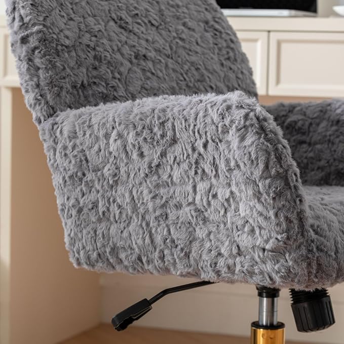 Goujxcy Faux Fur Home Office Chair, Upholstered Elegant Makeup Vanity Chair for Teen Girls Teddy Fabric Swivel Desk Chair, Height Adjustable Leisure Elegant Chair for Home Office (Gray)