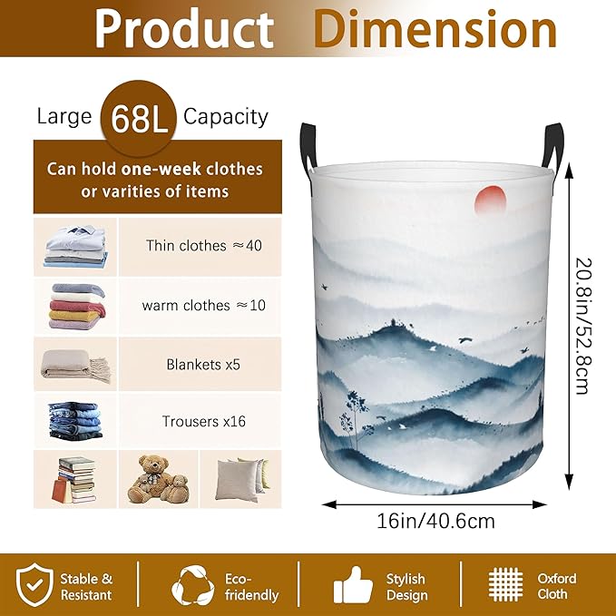 Mountain and Forest Landscape Painting Laundry Basket,Waterproof Foldable Laundry Hamper,Dirty Clothes Laundry Basket, Linen Bin Storage Organizer for Toy Collection 16" x 20"