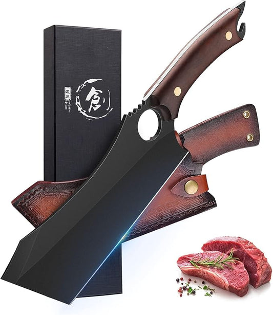 Dream Reach Meat Cleaver, 6.9 inch Black Boning Knife, High Carbon Steel Sharp Kitchen Forged In Fire Knife with Sheath Gift Box Bottle Opener for Outdoor Camping