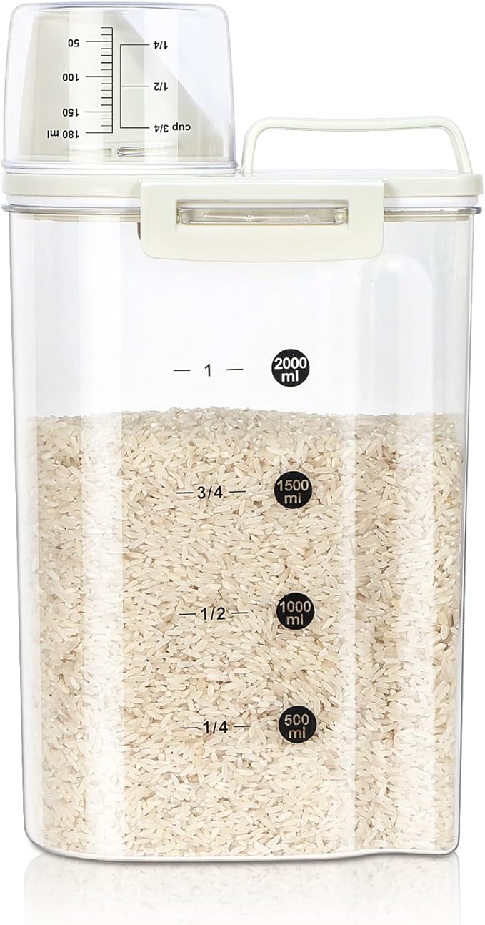 TBMax Rice Container, High Transparency PET Airtight Food Storage Container 2.64 Qt/4 Lbs, Kitchen Pantry Cereal Storage Container with Measuring Cup, Small Pet Cat Dog Food Container Dispenser -Beige