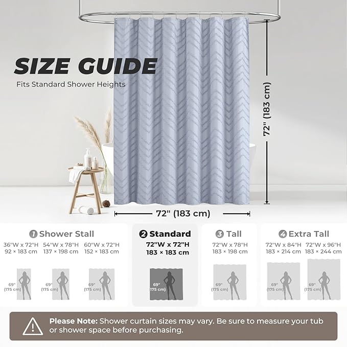 Light Blue Boho Fabric Shower Curtain Tufted Chevron Striped Textured Cloth Curtains for Bathroom, Fog Blue