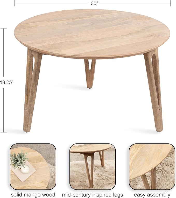 Kate and Laurel Kershaw Transitional Round Coffee Table, 30 x 30 x 19, Natural Wood, Circle Living Room Table with Solid Mango Wood Construction and Tapered Hairpin Legs