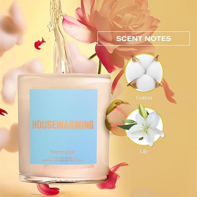 Homesick Scented Candles for Home (Housewarming) - 7.5 oz Long-Lasting Natural Soy Wax Blend Jar Candle Gift for Women & Men for All Occasions, 30-35 Hours Burn Time - Notes of Cotton & Water Lily