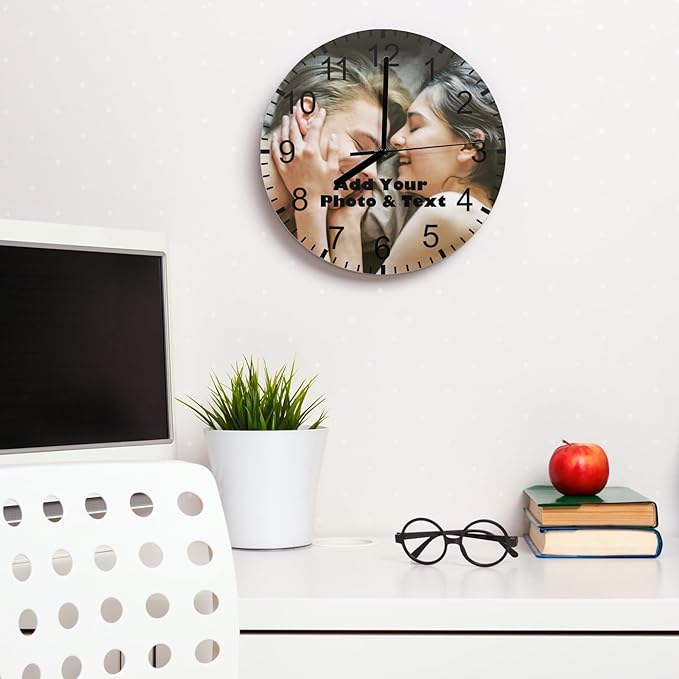 Customized Clocks with Photo for Wall, Custom Photo Wall Clocks with Text for Living Room Bedroom, Personalized 11.6" MDF Round Silent Clocks