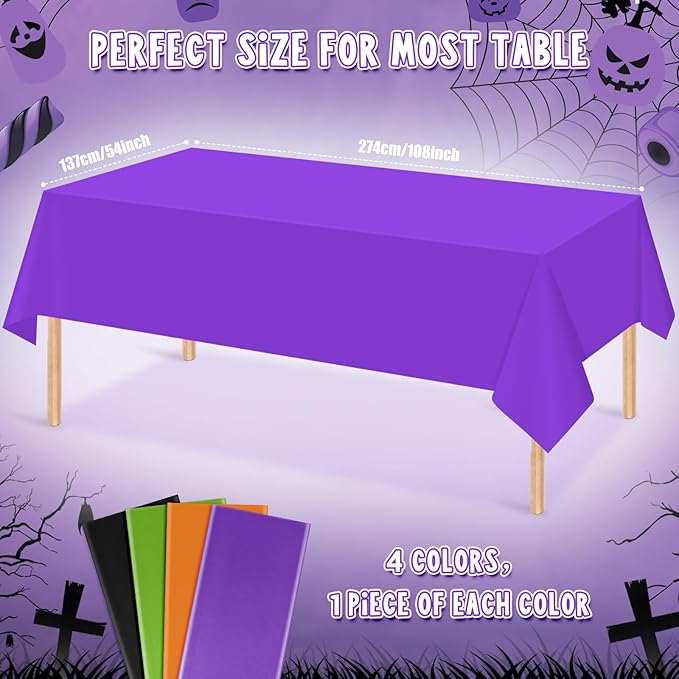 MASHAN 4Pcs Halloween Tablecloth Plastic Orange Black Purple Green Table Cloths Disposable Rectangle Table Covers for Halloween Theme Kids Birthday Witch Vampire Party Decorations, 54 x 108 Inch