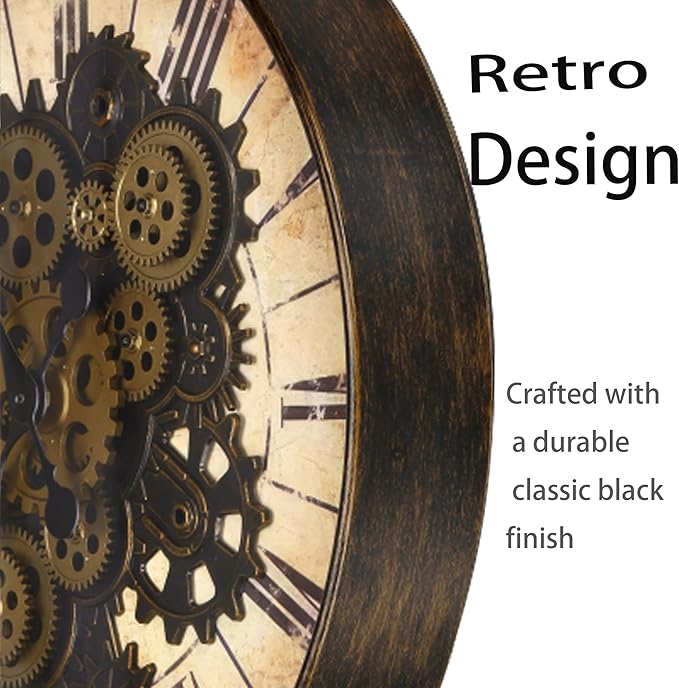 20 Inch Bronze Yellow Steampunk Wall Clock with Decorative Gears, Industrial Vintage Analog Clock for Living Room, Farmhouse, Office Decor, Silent Non-Ticking Battery Operated