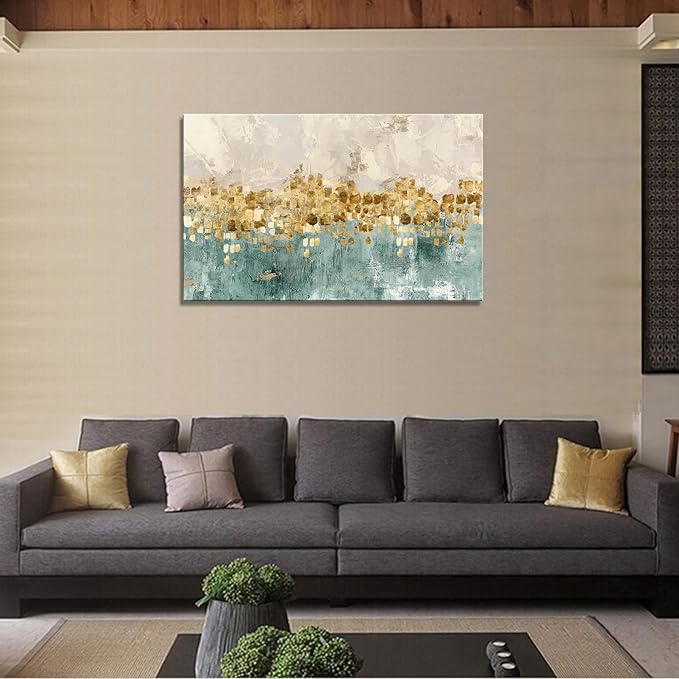 DZL Art A74681 Gold Abstract Painting Modern Decor Wall Art Gold Canvas Gray Contemporary Canvas Living Room Art 32.00'' x 48.00''