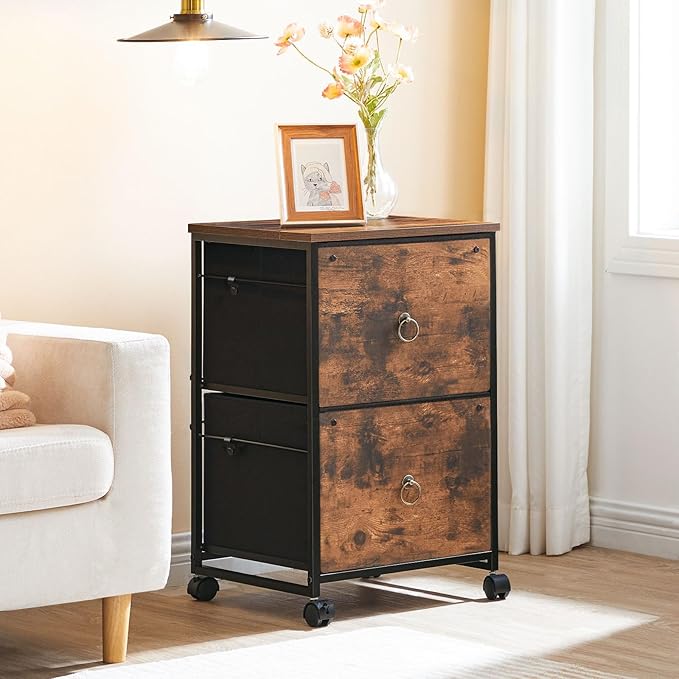 HOOBRO 2 Drawer Mobile File Cabinet, Rolling Printer Stand, Vertical Office Filing Cabinet for Home Office, A4/Letter Size, Nonwovens Drawer, Rustic Brown BF20WJ01