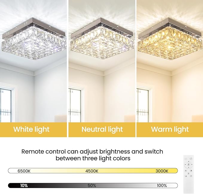 FRIXCHUR 10.6" Modern Crystal Chandeliers Square Crystal Ceiling Light LED Chandelier with Remote Control Mini Bedroom Flush Mount Ceiling Lights Fixture for Kitchen Hallway Dining Room (Dimmable)