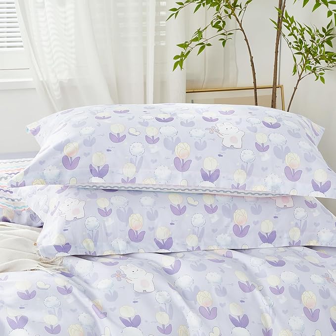 SAPHREAS Cute Rabbit Printed Duvet Cover Set Full Lovely Bunny Duvet Cover 3pcs Yellow Tulip Purple Dandelion Botanical Bedding Comforter Cover Set 100% Cotton 1 Duvet Cover 80"x90" 2 Pillow Shams