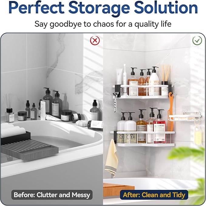 YASONIC Corner Shower Caddy Organizer, 3-Pack Self-Adhesive Rustproof Bath Shelves with Soap Holder & 4 Hooks, Large Capacity Shower Storage Rack for Bathroom Organization, White