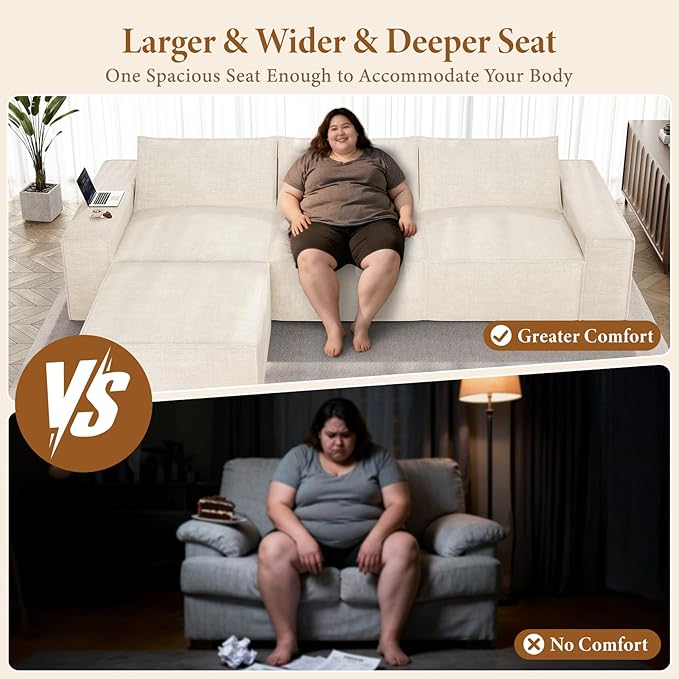 Vesgantti 114" Boneless Modular Sectional Sofa, Modern 3 Seater Couch with Ottoman & Deep Seat, Convertible Chenille L Shaped Cloud Couches for Living Room, No Assembly Required, Beige