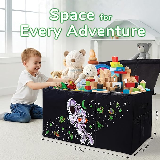 Extra Large Toy Storage Organizer For Living Room with Lids - Glow-in-Dark 40"x14"x16" Collapsible 600D Oxford Toy Chest for Kids, Boys, Girls - Durable Toy Bin for Living Room, Playroom, Nursery