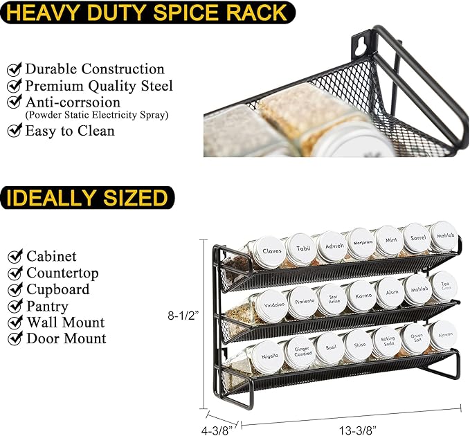 SpaceAid Spice Rack Organizer with 21 Spice Jars, 386 Spice Labels, Chalk Marker and Funnel Set for Cabinet, Countertop, Pantry, Cupboard or Door & Wall Mount - 21 Jars, 13.4" W × 9" H, White