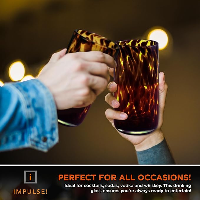 IMPULSE! Tortoise Leopard Print Brown 16 oz. Highball Rocks Glasses, Set of 4 - Stylish Stemless Cocktail Cups Glass - Ideal Glassware Tumbler for Gin, Tequila, Vodka, Soft Drinks