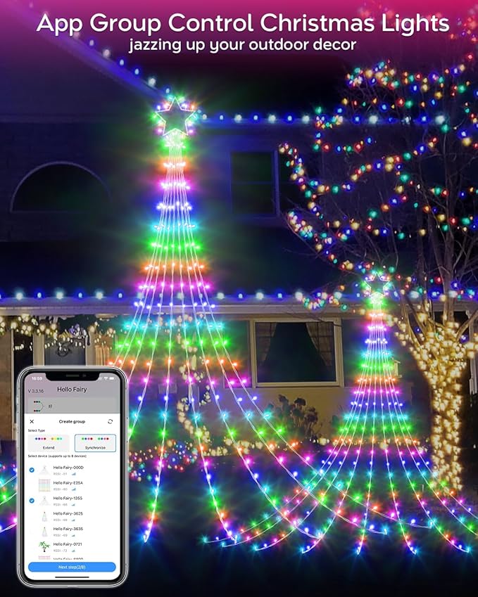 23FT Outdoor Christmas Decorations Star String Lights, Smart RGB Led Tree Lights Waterfall DIY Preset Scenes App Remote Control Large Unique Yard Lights for Outside Roof Home Xmas Holiday Decor