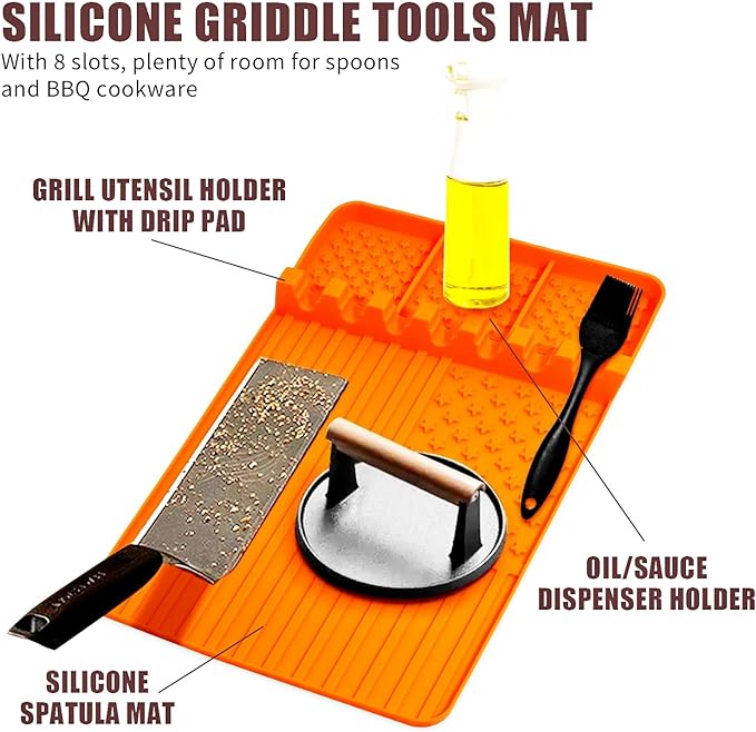 2 PCS Silicone Griddle Tools Mat for Blackstone,Grill BBQ Caddy Utensils Holder for Kitchen,Cooking & Countertop,Large Spatula Mat with Drip Pad,Griddle Accessories for Blackstone (Orange-2)