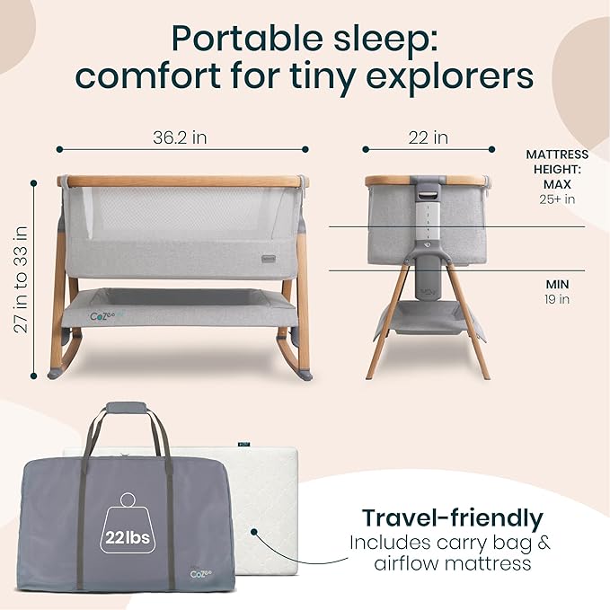 CoZee® Air Baby Bassinet & Bedside Sleeper - Rocking Bassinet for Baby, Fast-Folding with Travel Bag, Deluxe Airflow Mattress & 6 Mattress Heights, 0-6 Months (Silver & Oak)