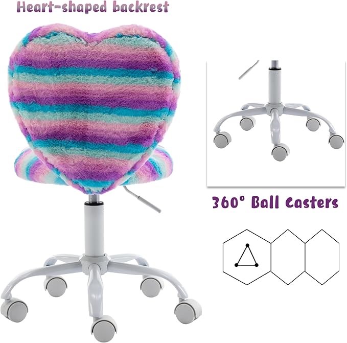 Kmax Kids Reading Chair, Rolling Cute Desk Chair for Girls Swivel Office Chair with Wheels & Heart Back Adjustable Childrens Vanity Chair for Bedroom Reading Room - Faux Fur, Rainbow