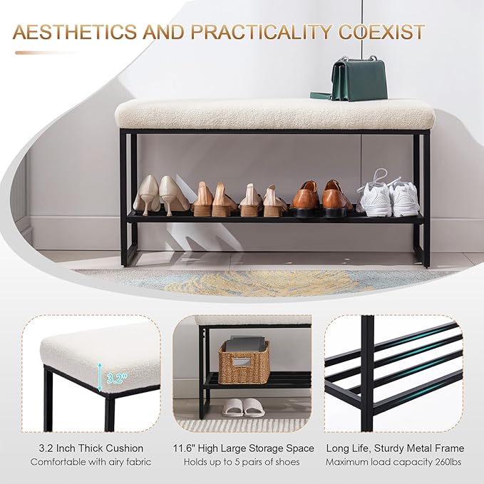 Zesthouse Boucle Shoe Bench Entryway with Storage, Upholstered Bench for Bedroom End of Bed, Metal Shoe Rack for Closet Hallway Doorway Living Room Mudroom, White