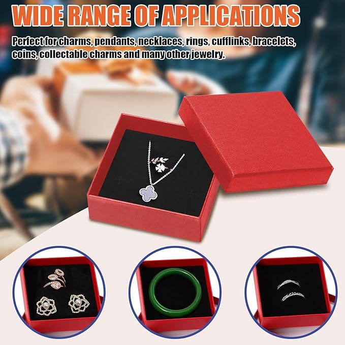 Tanstic 12Pcs Cardboard Jewelry Gift Boxes Kit, 3.5 x 3.5 x 1.2 Inch Red Gift Boxes Cardboard Jewelry Boxes with 74ft White Ribbon and Scissor for Rings, Necklaces, Earrings, Bracelets