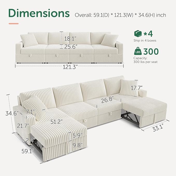 HONBAY Modular Sectional Sofa, L Shaped U Shaped Pull Out Couch with Storage, Velvet White