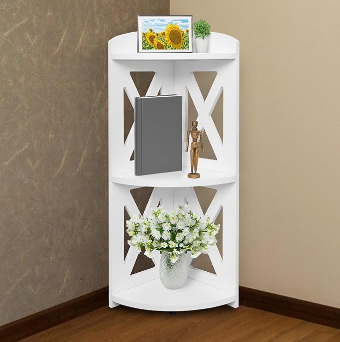 Corner Shelf Stand, Corner Bookshelf, Small Corner Shelves by Natural Wood, Plant Stand, Corner Bookcase for Living Room, Home Office, Bedroom, (White, 3 Tier X)