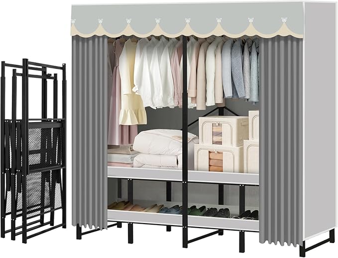 Portable Closet Rack Heavy-Duty Foldable Garment Racks with Cover 1200lbs Enclosed Wardrobe Closet with Independent Area for Hanging Clothes Storaging of Bedding (59in*20in*67in)
