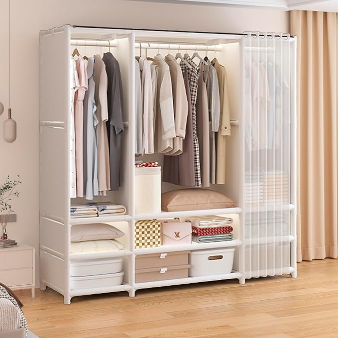 Portable Closet,Portable Closets for Hanging Clothes,Japanese Style Garment Rack with 3 Hanging Rods,9 Storage Shelves,56.2" L x 17.7" W x 65.1" H,White