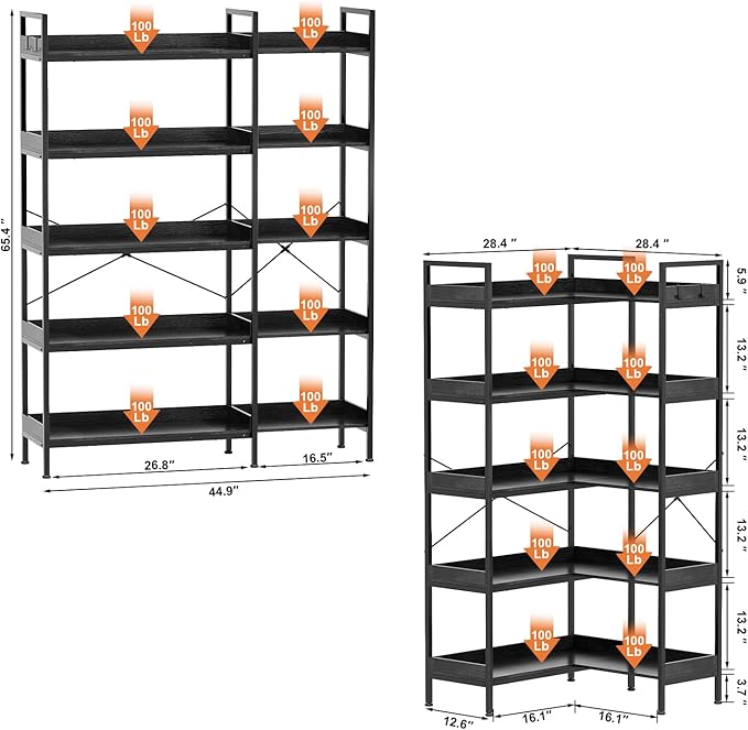 KOUSEI 5-Tier L-Shaped Reversible Corner Bookshelf, 65" Black Industrial Wood & Metal Bookcase, Wide Open Shelves + 4 Hooks for Living Room/Bedroom/Home Office