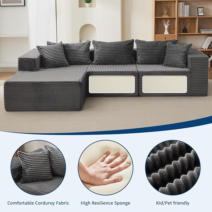 108" Comfy Cloud Sectional Couch with Chaise, L Shaped Boneless Sofa | Gray Couches for Living Room, Modular Sofa Couch & Bed, No Assembly Required, (Gray, Left Facing Chaise)