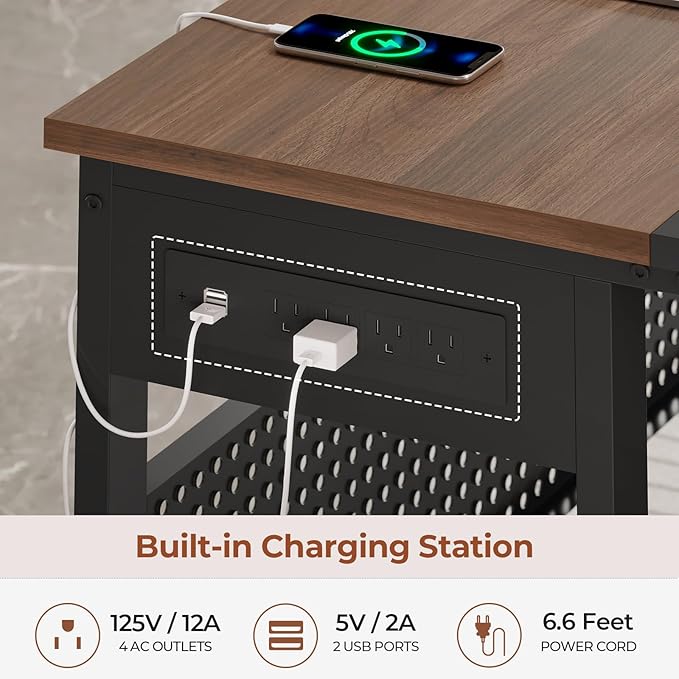 71" Executive Desk, Reversible L Shaped Desk with Mobile File Cabinet & Power Outlets, Large Office Desk with Drawers, Storage Shelves, Hooks, Corner Computer Desk for Home Office (Walnut)