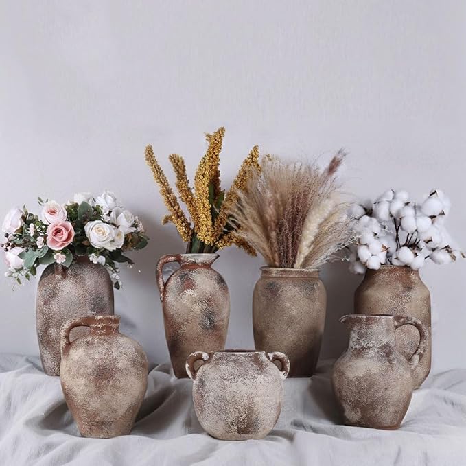 Rustic Farmhouse Ceramic Vase, 9.8" Tall Vintage Pottery Vases, Terracotta Decorative Boho Pampas Flower Vase, Suitable for Home Decor Living Room Entryway Table Bookshelf Mantle Shelf Decor