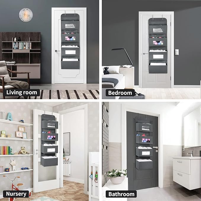 MAX Houser 4-Shelf Over The Door Hanging Organizer with 2 Metal Hooks,4 Pocket Over The Door Wall Mount Storage with Clear Windows for Baby Nursery Bathroom Closet,Bedroom,Dorm,Diapers,Kids Toys(Gray)