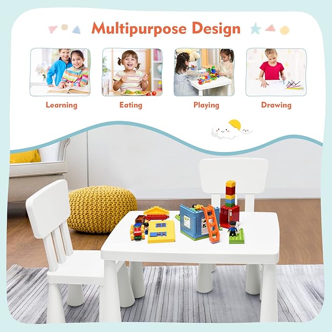 LDAILY Kids Table and Chairs, 3-Piece Children Arts Nursery Furniture for Drawing, Reading, and Painting, Light Weight Plastic Activity Kids Desk and Chair Set for Playroom, Kindergarten (White)