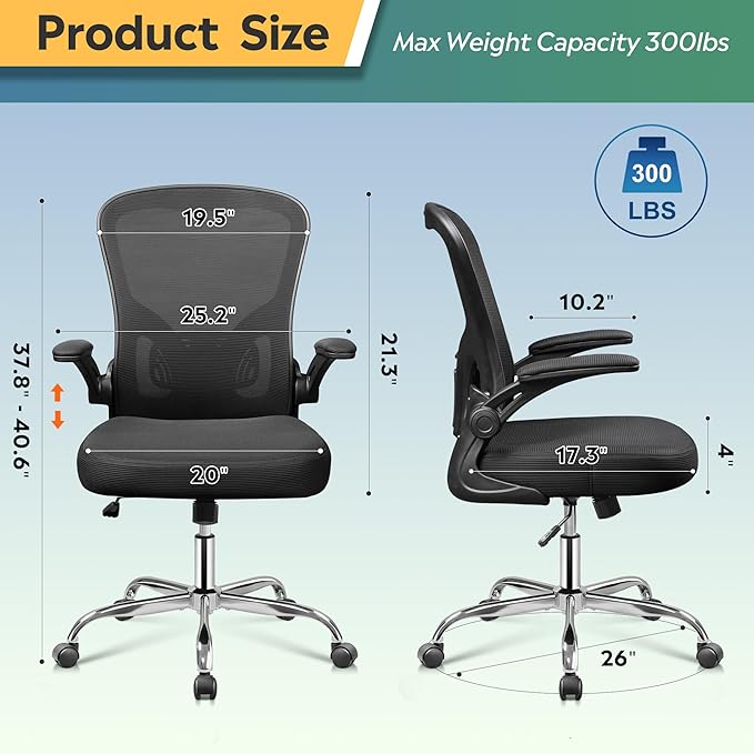 DEVAISE Office Chair, Ergonomic Computer Desk Chair with Flip-up Armrests, Comfy Mesh with Adjustable Lumbar Support, Black