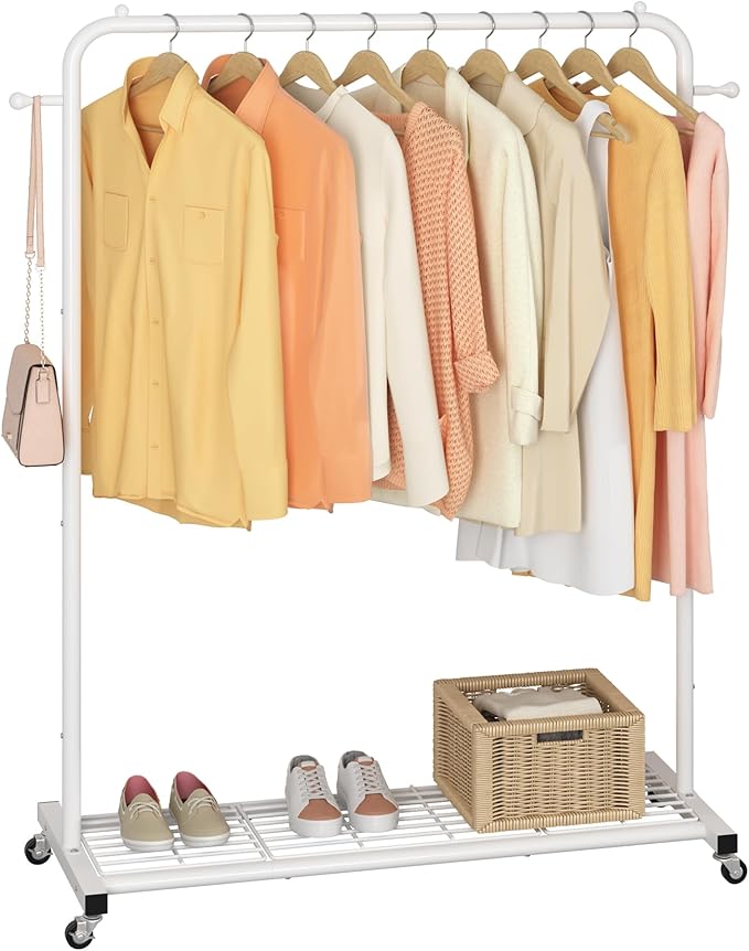 Sywhitta Clothing Rack on Wheels with Mesh Storage Shelf & Sturdy Metal Frame, Rolling Garment Rack for Hanging Clothes, Coats, Skirts, 39.76" L x 16" W x 64.56" H,White