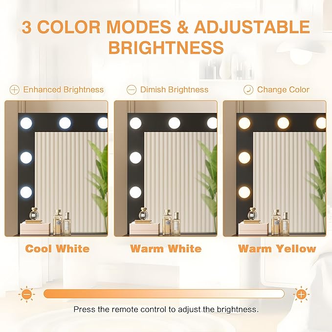 YESHOMY Vanity Desk with Mirror, 10 Lights, Power Outlet and 3 Storage Shelves, Makeup Table with 4 Drawers, 3 Color Modes, for Bedroom, Pure Black