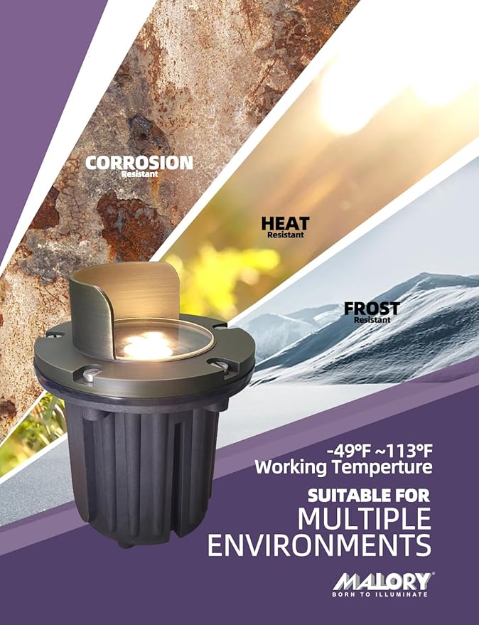 MALORY Brass Top Cover Landscape Well Lights,(6''H) 12V Low Voltage Outdoor In Ground Lights,Anti-Glare Landscape Lighting with 5W 450ML MR16 for Pathway, Driveway (Shield Top, 4-Pack with Bulb)